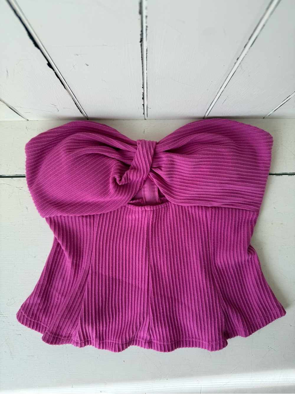 Mi Ami Strapless Twist-Front Ribbed Tube Top